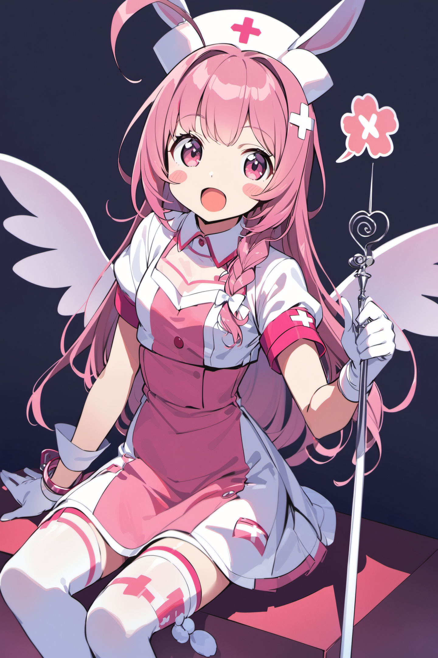 23324-3018093112-1girl, animal ears, blush stickers, rabbit ears, pink hair, gloves, thighhighs, hat, open mouth, nurse cap, pink eyes, ahoge, so.png